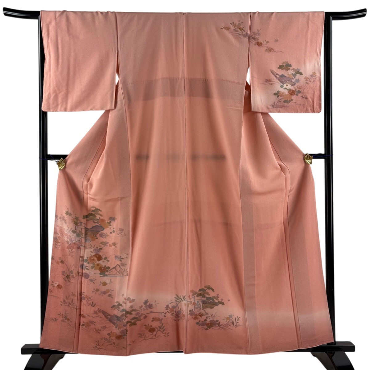 訪問着 身丈160cm 裄丈65.5cm M 袷 草花 舟 刺繍 金糸 サーモンピンク 正絹 秀品 【中古】