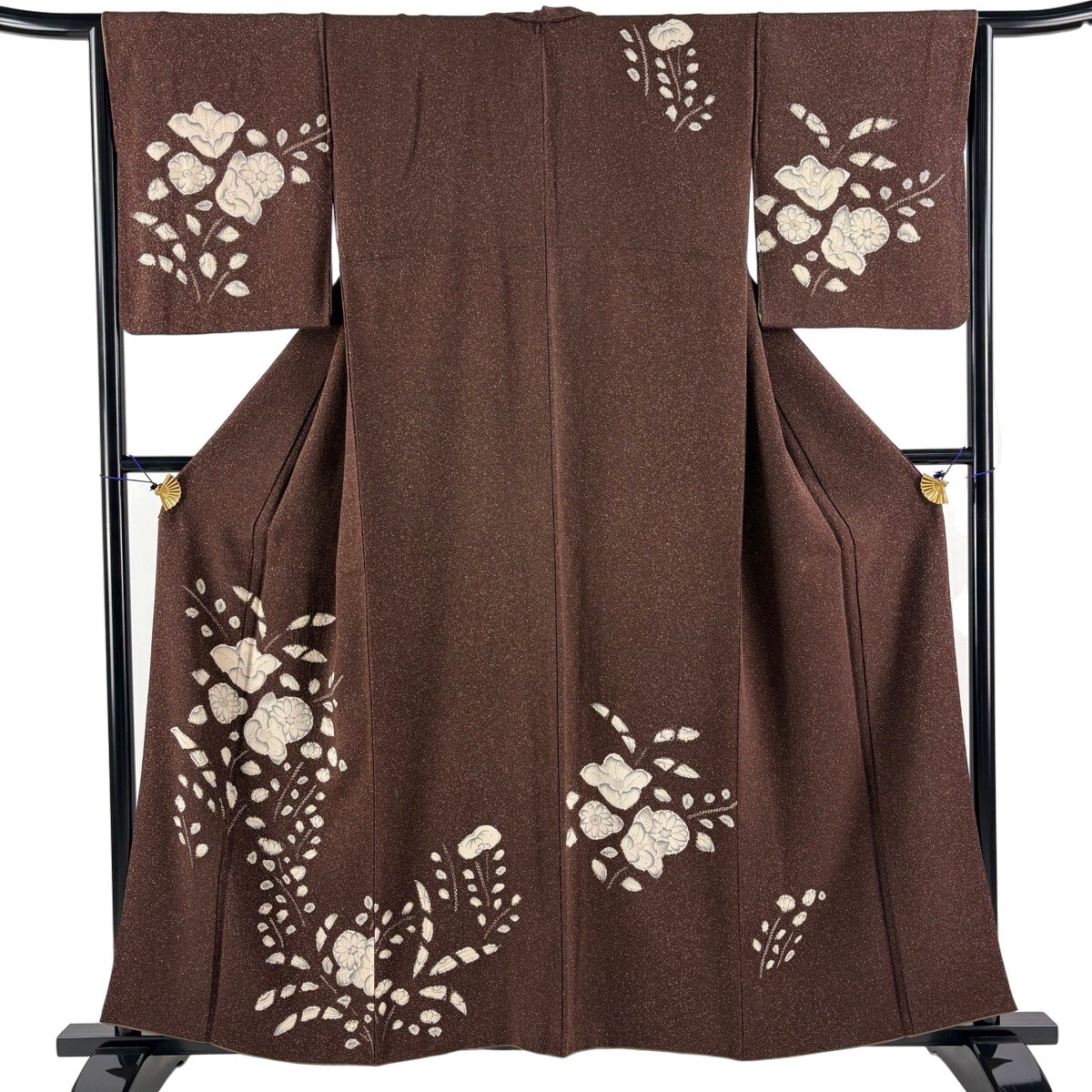 付下げ 身丈158.5cm 裄丈65.5cm M 袷 辻が花柄 縮緬 焦茶色 正絹 秀品 【中古】