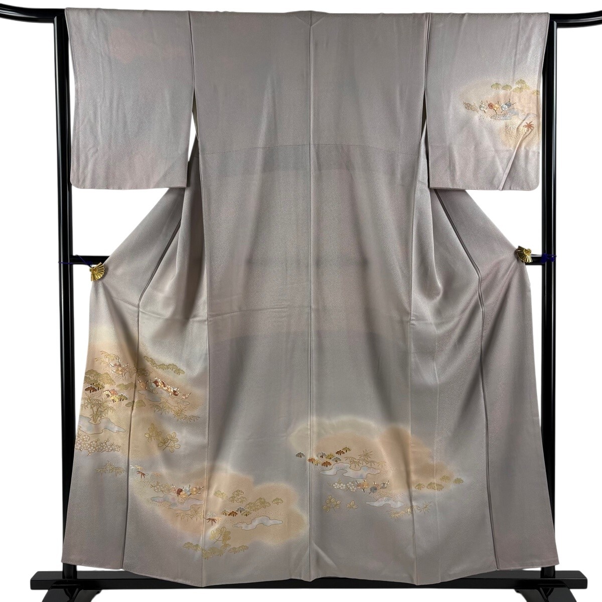 訪問着 身丈157cm 裄丈65cm M 袷 松竹梅 霞 刺繍 金彩 灰紫 正絹 秀品 【中古】