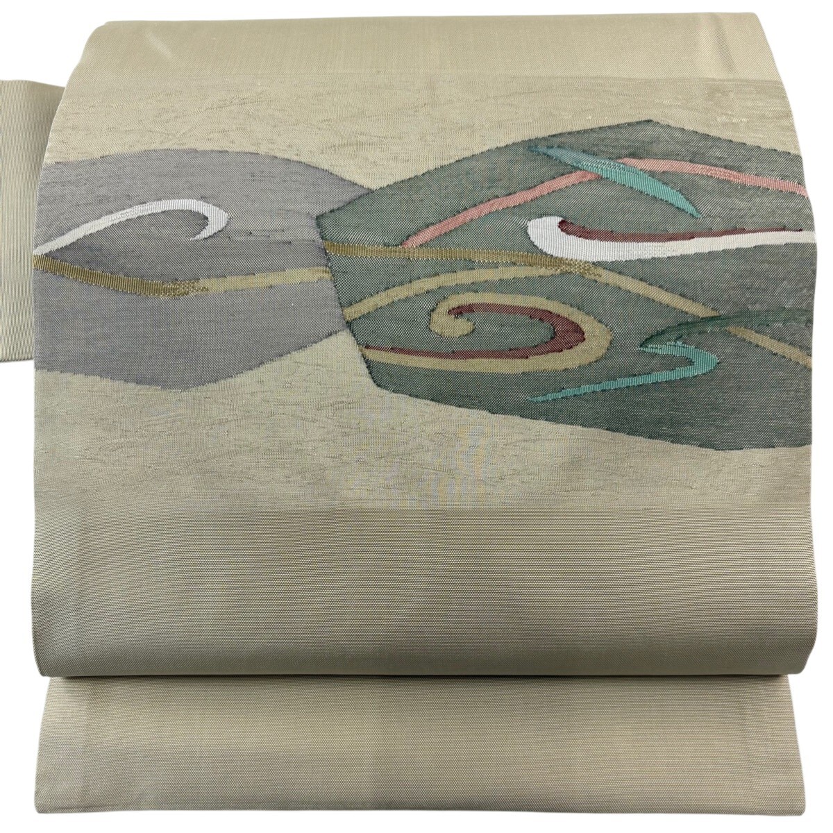 【美品】 名古屋帯 秀品 幾何学 抹茶色 正絹 【中古】