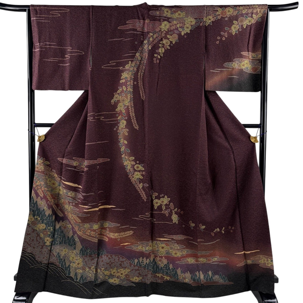 訪問着 身丈165cm 裄丈65cm M 袷 草花 霞 金通し 絞り 紫 正絹 秀品 【中古】