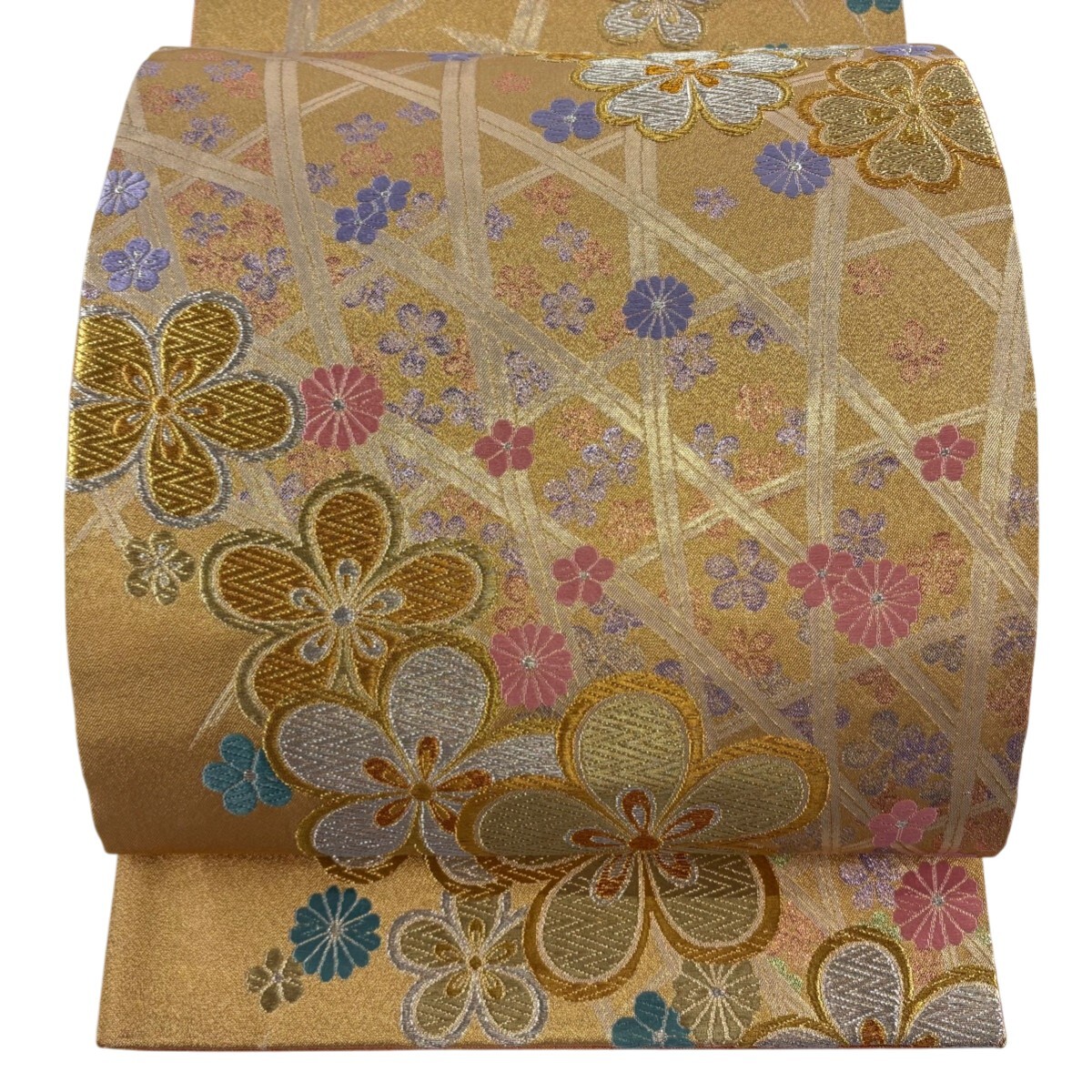 【美品】 袋帯 秀品 振袖向き 梅 菊 金銀糸 箔 金色 六通 正絹 【中古】