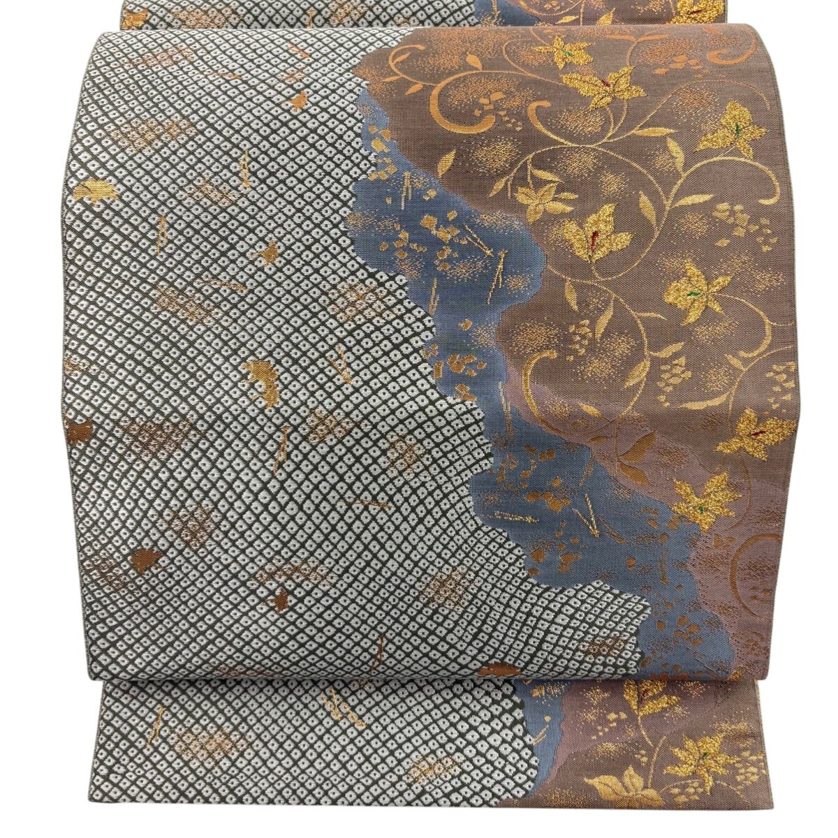 【美品】 袋帯 秀品 花唐草 松葉 箔 小豆色 六通 正絹 【中古】