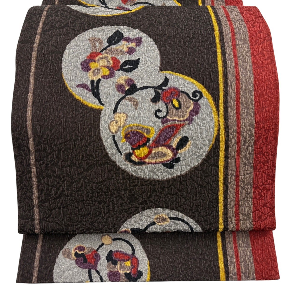 【美品】 袋帯 秀品 花唐草 丸文 銀糸 焦茶色 全通 正絹 【中古】