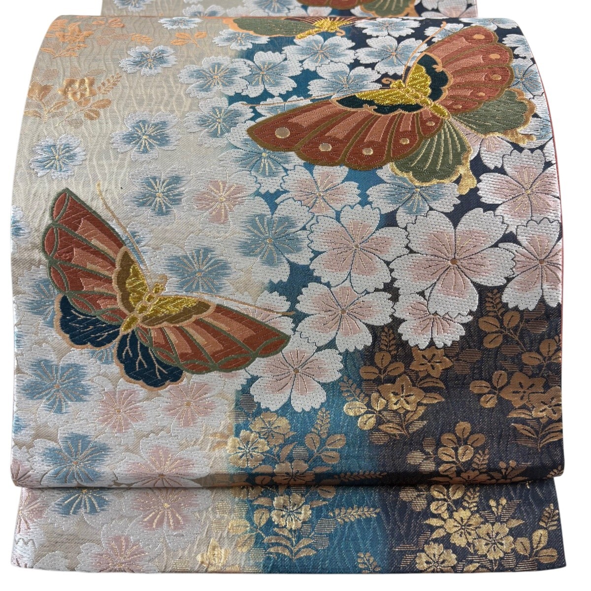 【美品】 袋帯 秀品 桜 蝶 金糸 箔 ベージュ 六通 正絹 【中古】