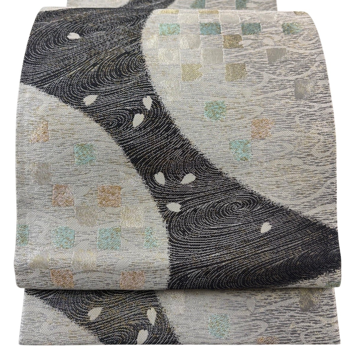 【美品】 袋帯 秀品 市松 花びら 金銀糸 箔 灰色 六通 正絹 【中古】