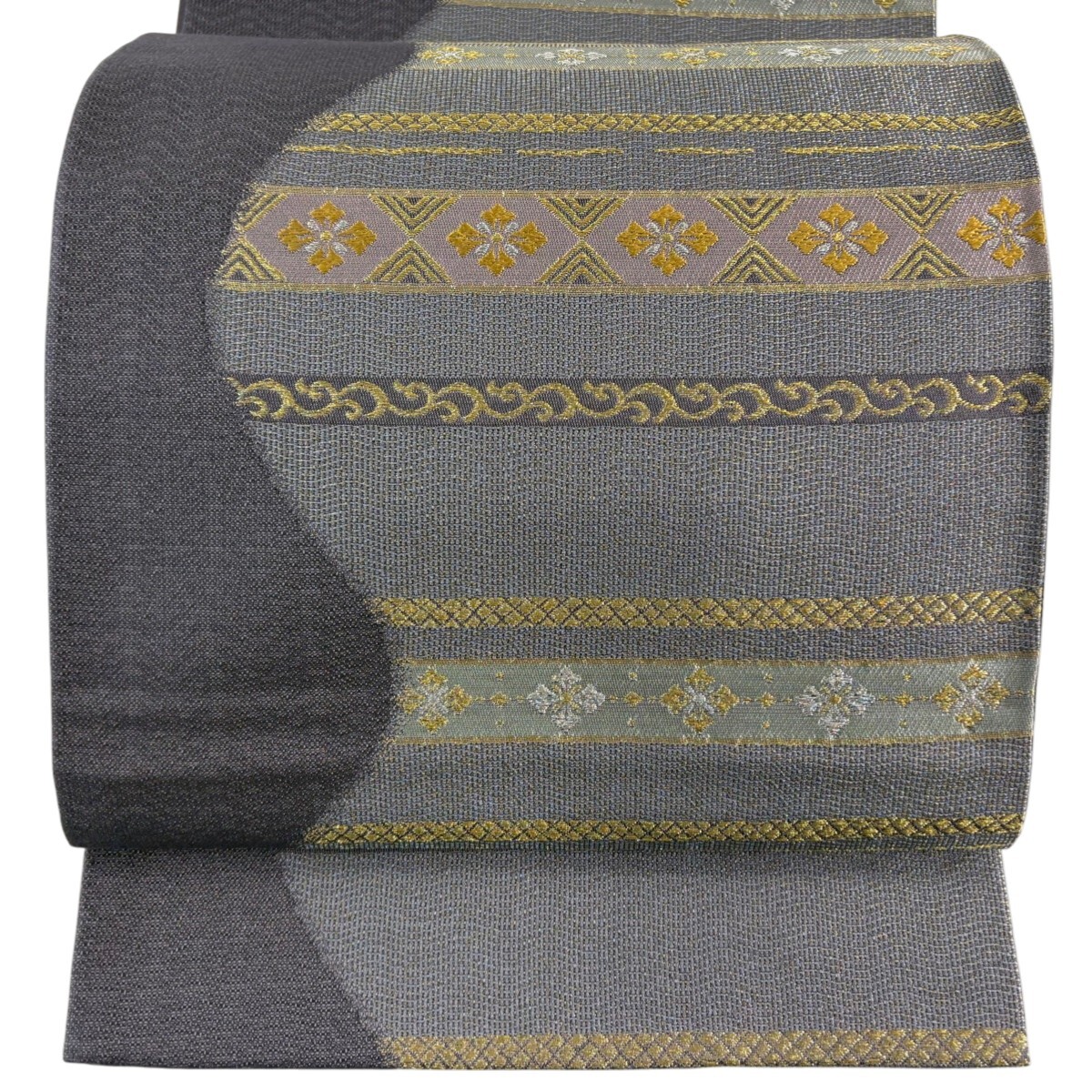 【美品】 袋帯 秀品 花 唐草 金銀糸 刺繍 灰紫 六通 正絹 【中古】