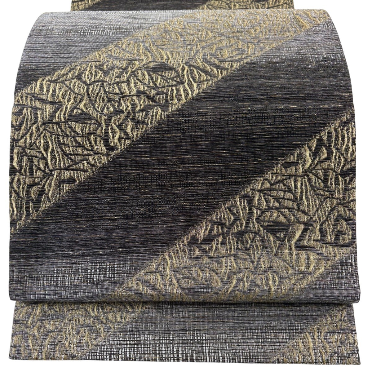 【美品】 袋帯 秀品 薔薇 斜縞 金糸 箔 黒灰 全通 正絹 【中古】