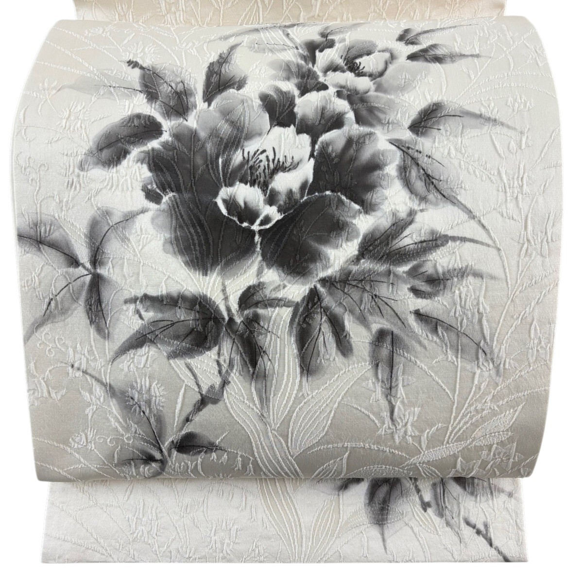 【美品】 袋帯 秀品 落款 枝花 クリーム お太鼓柄 正絹 【中古】