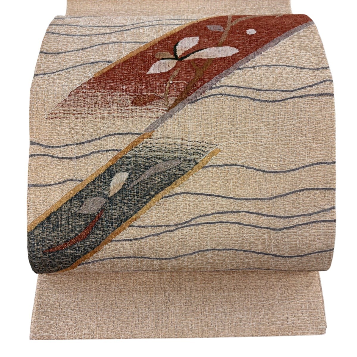 【美品】 袋帯 秀品 枝葉 縞 金糸 ベージュ お太鼓柄 正絹 【中古】