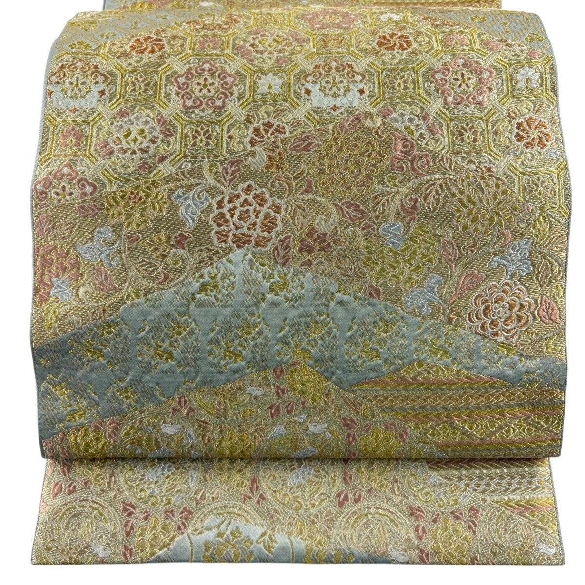 【美品】 袋帯 秀品 本袋帯 蜀江文 花唐草 金銀糸 箔 灰緑 六通 正絹 【中古】