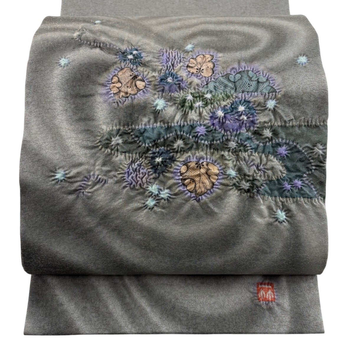 【美品】 袋帯 逸品 久保田一竹工房 落款 辻が花 流水 金通し ぼかし 灰緑 お太鼓柄 正絹 【中古】