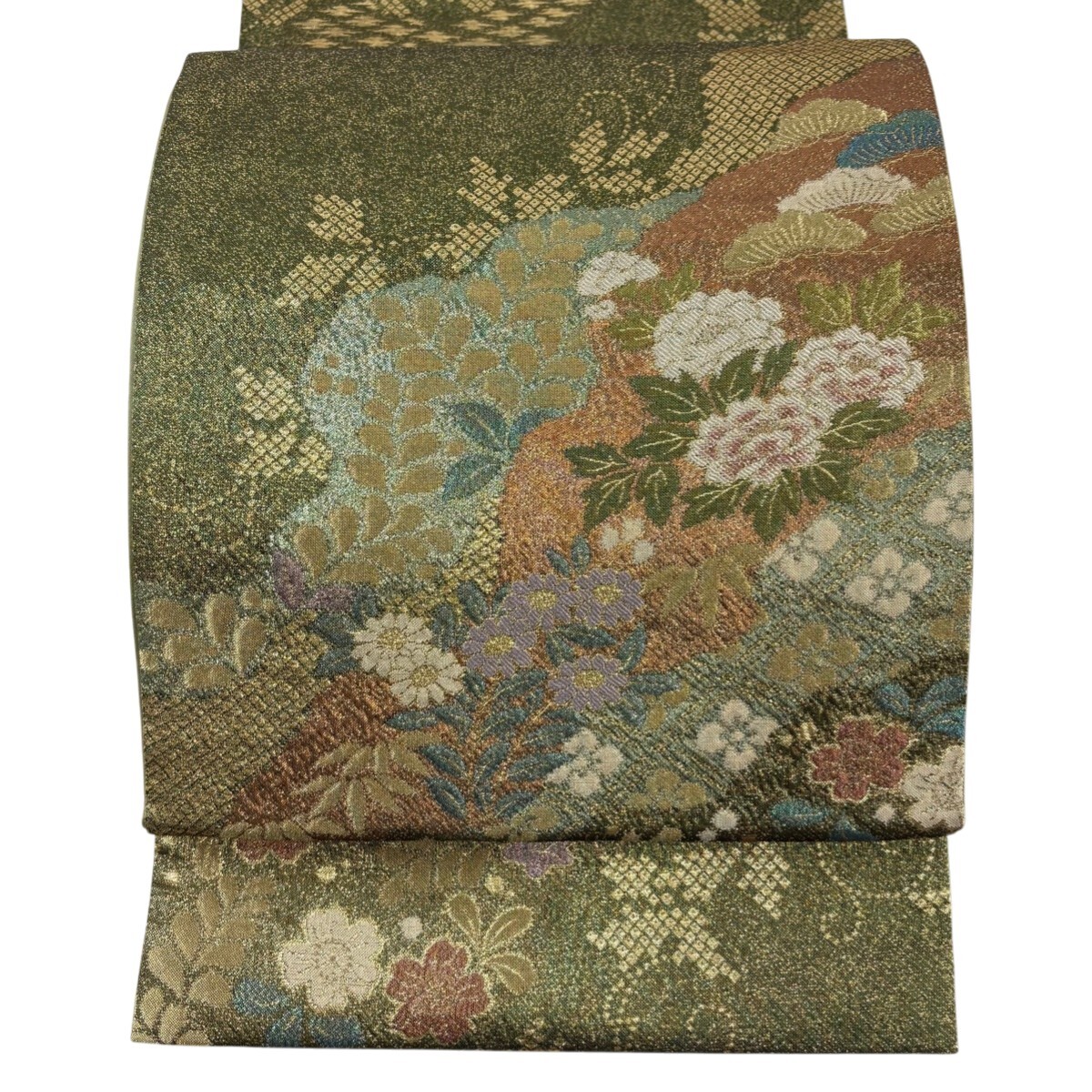 袋帯 秀品 草花 雲文 金糸 箔 鶯色 お太鼓柄 正絹 【中古】