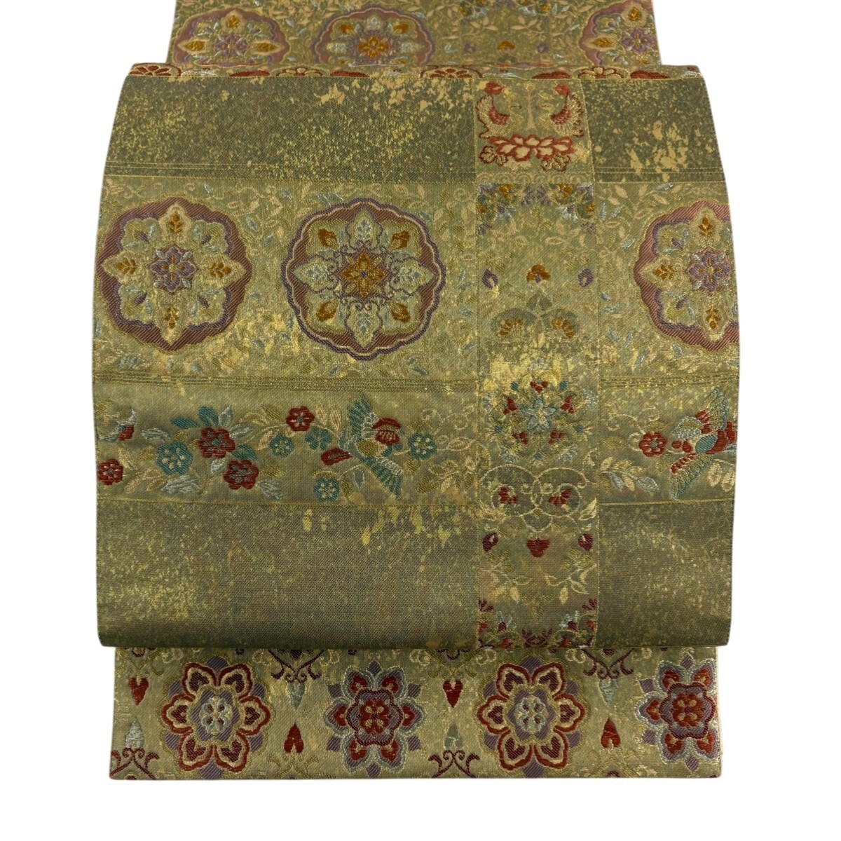 【美品】 袋帯 秀品 華文 花鳥 金糸 箔 金色 六通 正絹 【中古】