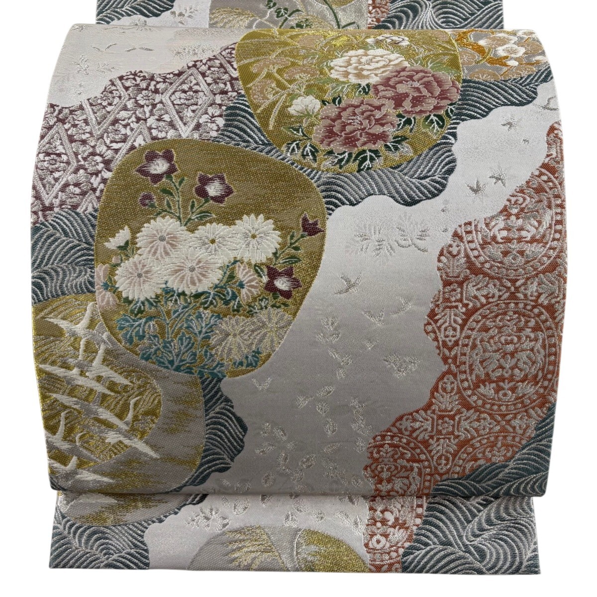 【美品】 袋帯 秀品 光琳 団扇文 草花 金銀糸 箔 銀色 六通 正絹 【中古】
