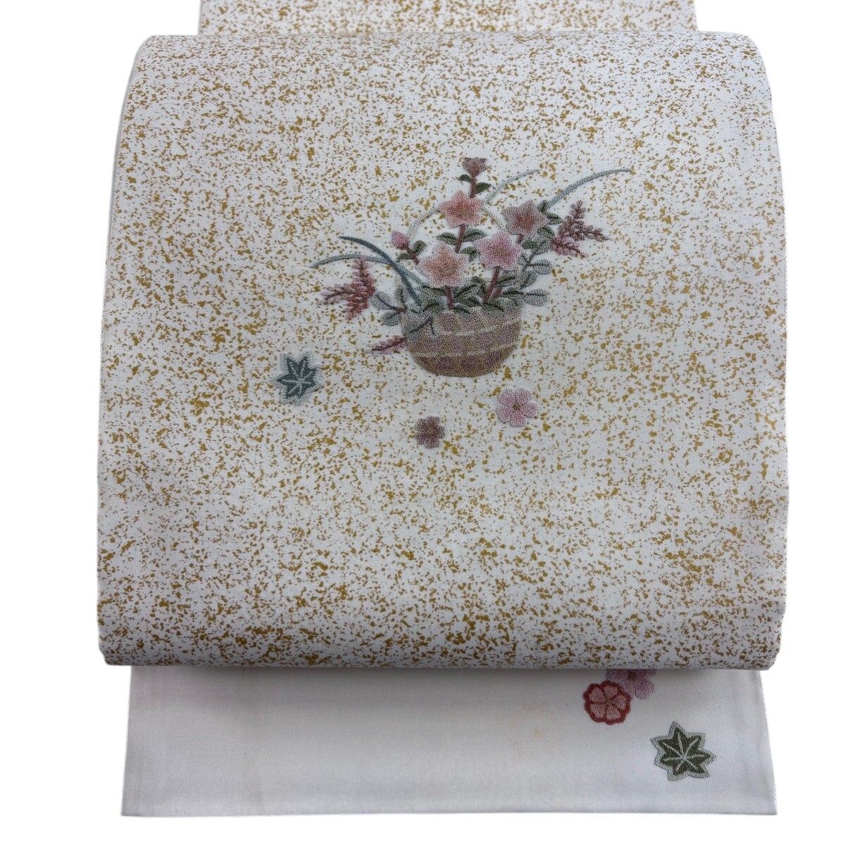 袋帯 秀品 花籠 幾何学 刺繍 金彩 クリーム お太鼓柄 正絹 【中古】
