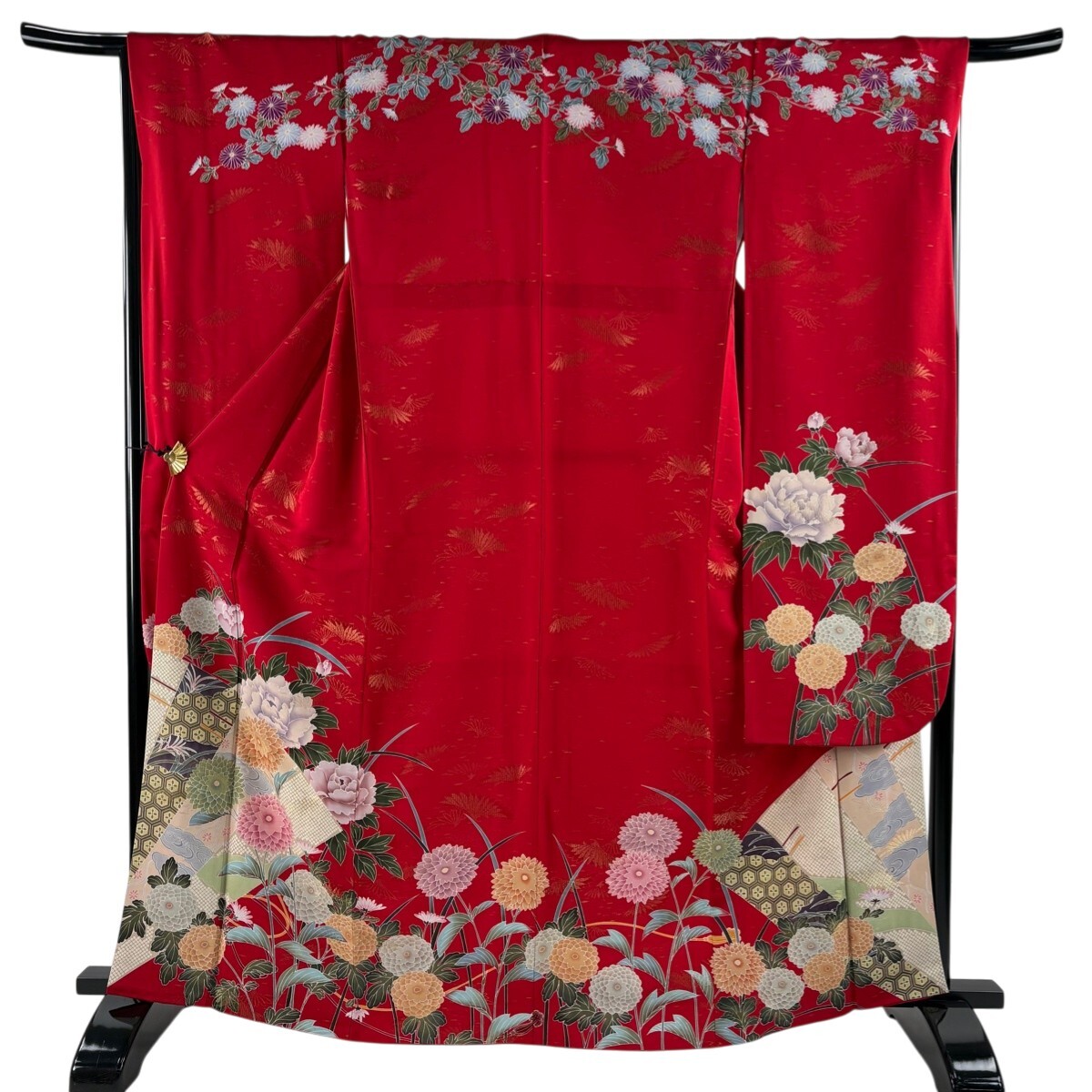 【美品】 振袖 身丈165cm 裄丈67cm M 袷 落款 牡丹 扇 金糸 赤 正絹 名品 【中古】