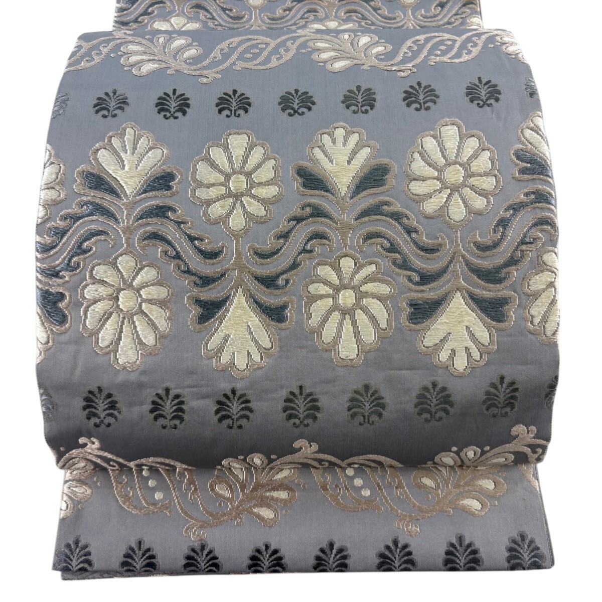 袋帯 逸品 誉田屋源兵衛 落款 永遠色 天山 草花 箔 灰色 六通 正絹 【中古】