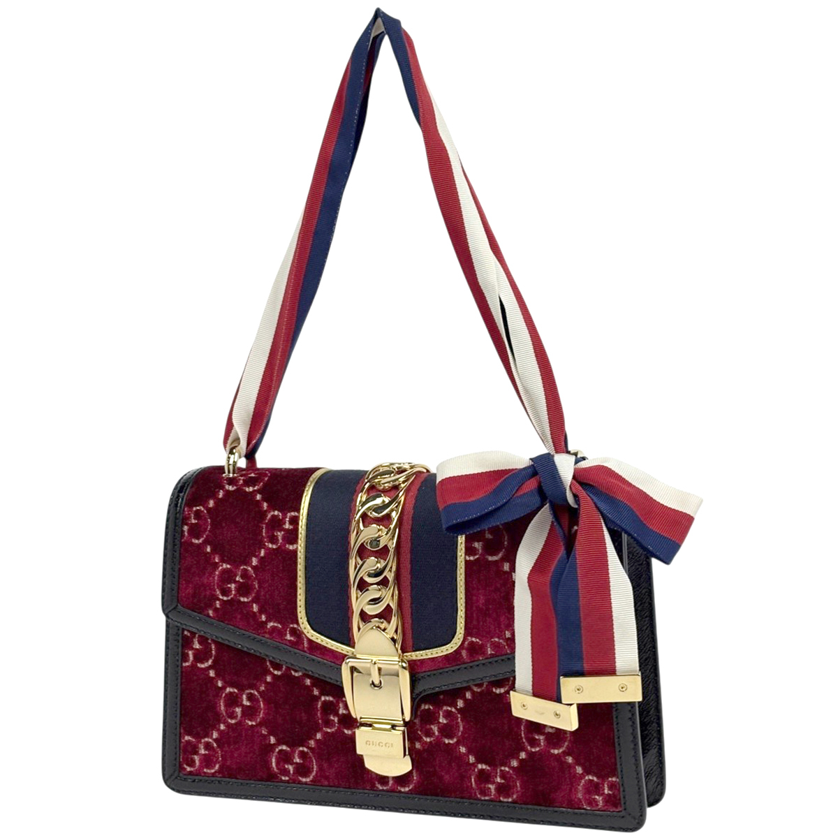 グッチ GUCCI シルヴィ ショルダーバッグ シェリーライン ウェブ GG柄 ベルベット レッド ブラック 524405 レディース 【中古】