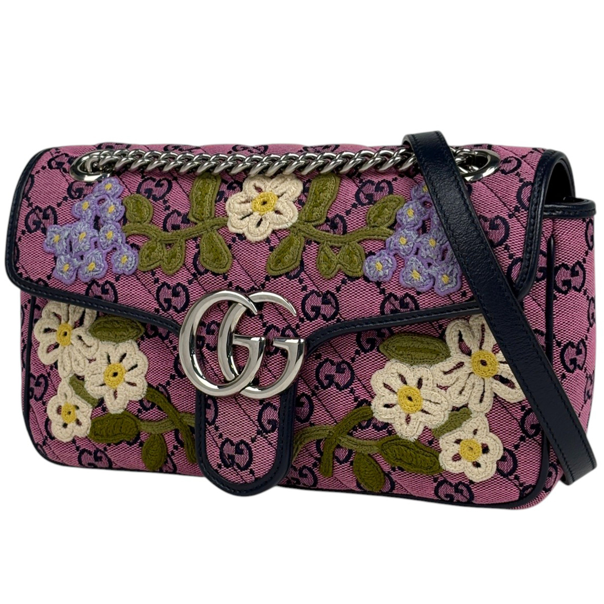 グッチ GUCCI GGマーモント キルティング スモール ショルダーバッグ GG柄 刺繍 フラワー ピンク ネイビー 443497 レディース 【中古】