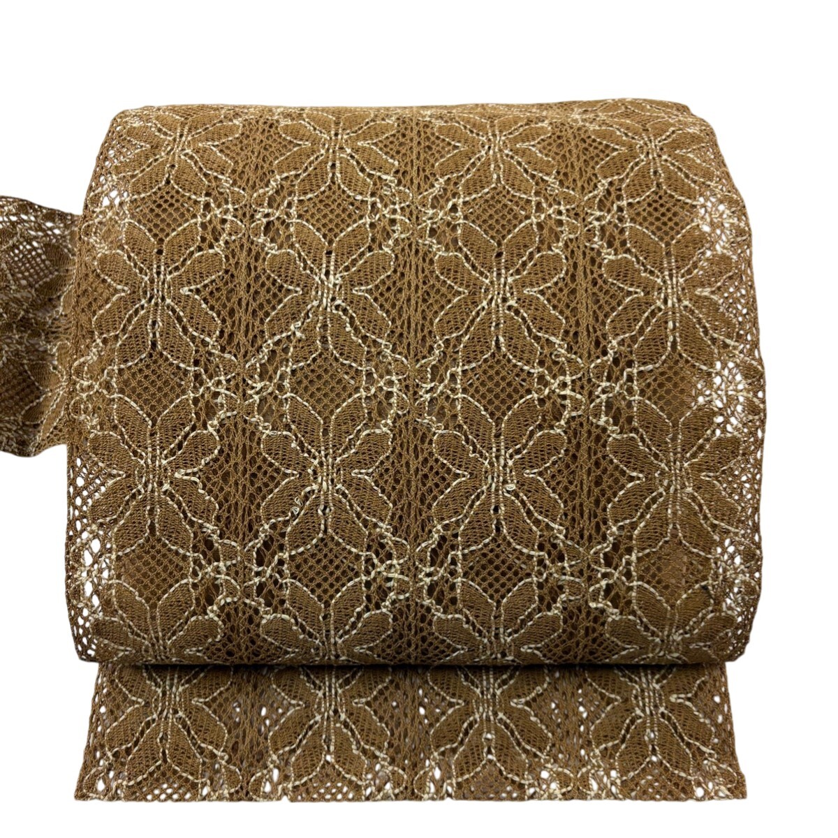 名古屋帯 秀品 夏帯 羅 花 山吹茶色 正絹 【中古】