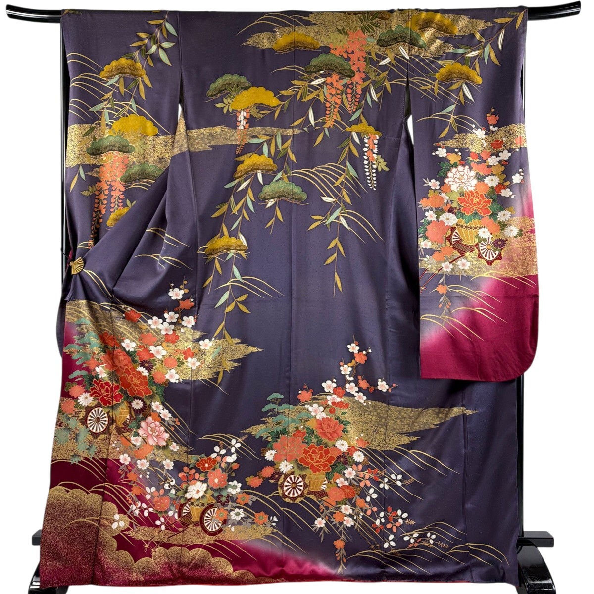 振袖 身丈168.5cm 裄丈67cm M 袷 花車 波 金彩 染め分け 灰紫 正絹 秀品 【中古】