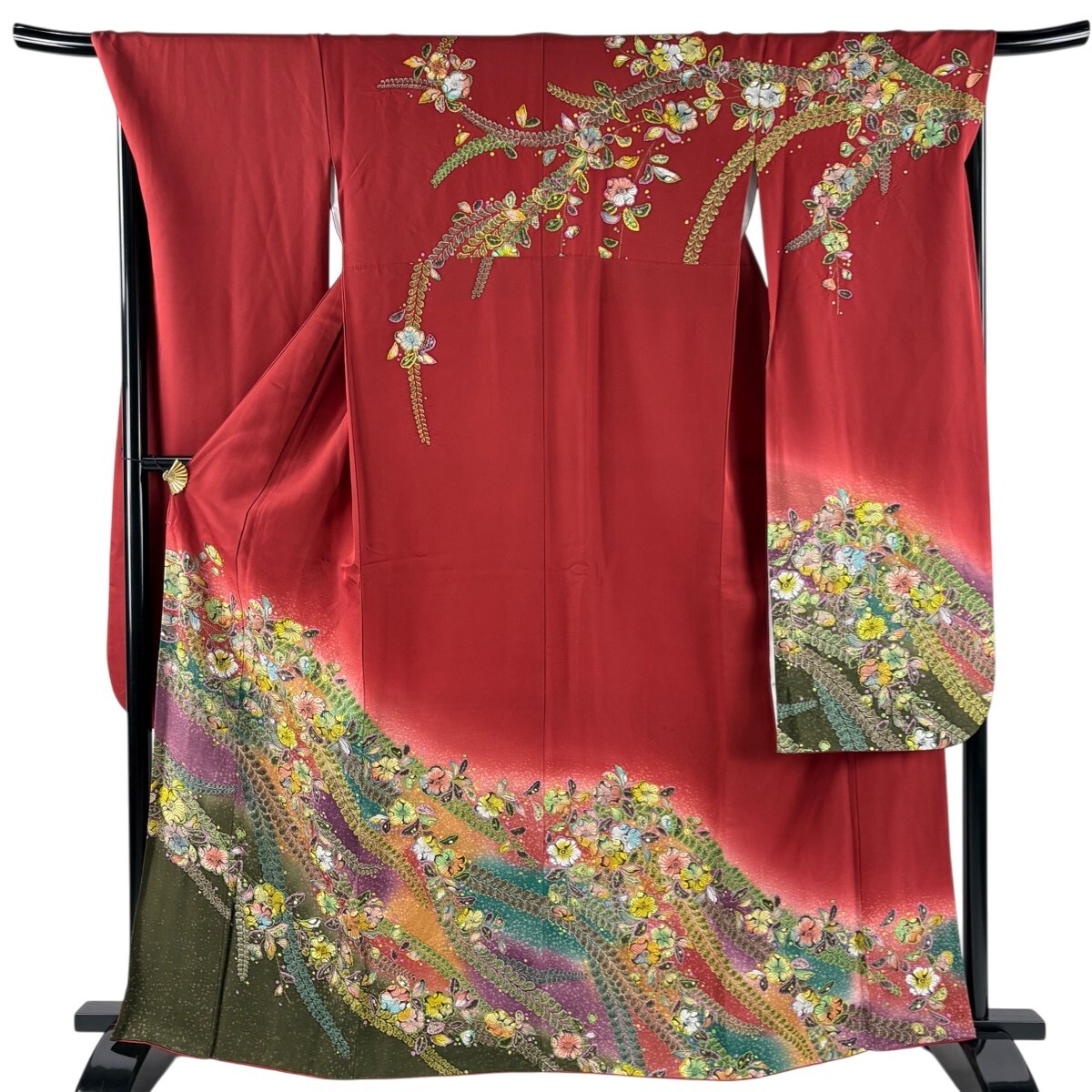 【美品】 振袖 身丈164cm 裄丈68cm L 袷 やまと 落款 辻が花柄 染め分け ぼかし 赤茶 正絹 名品 【中古】