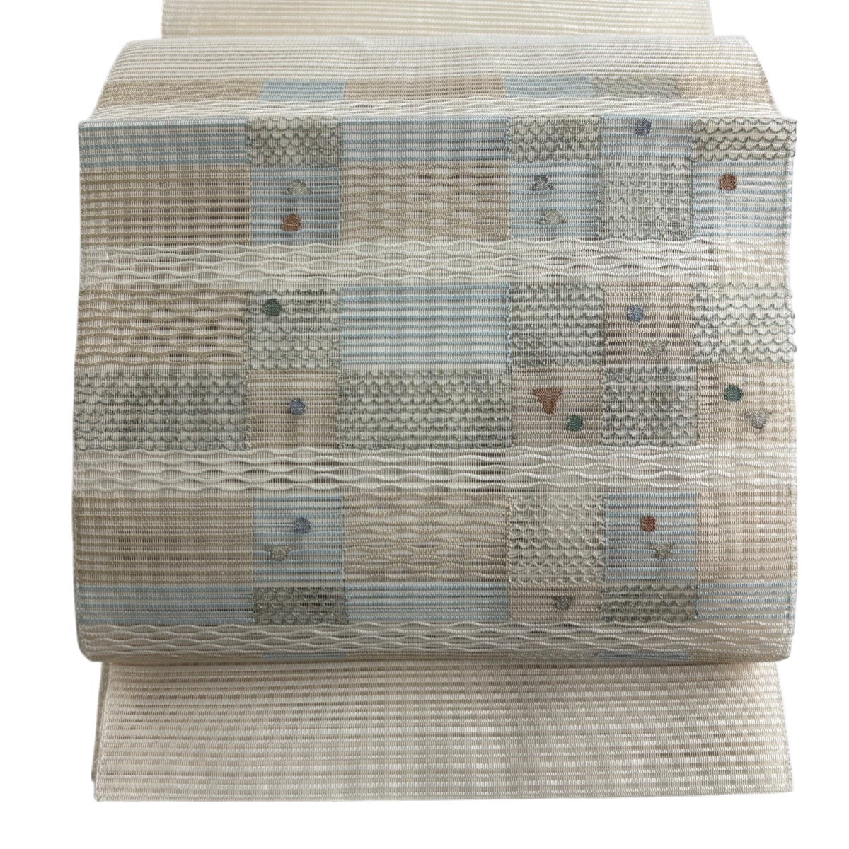 【美品】 名古屋帯 秀品 八寸名古屋帯 松葉仕立て 夏帯 絽 格子 幾何学模様 金銀糸 ベージュ 正絹 【中古】