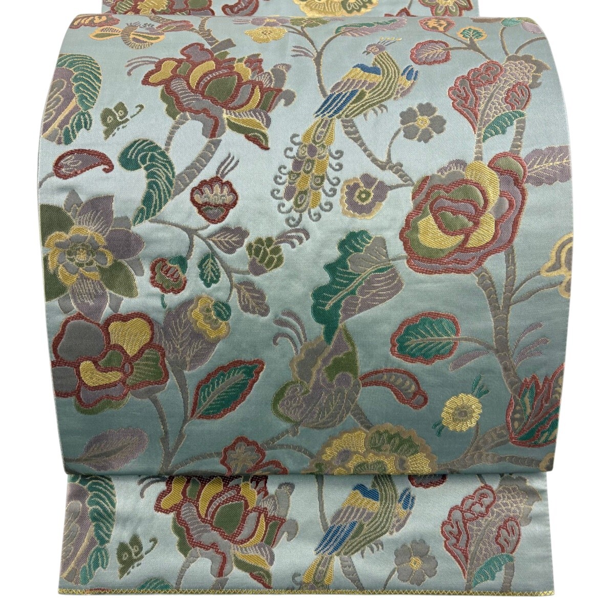 【美品】 袋帯 秀品 草花 鳥 箔 青灰色 六通 正絹 【中古】