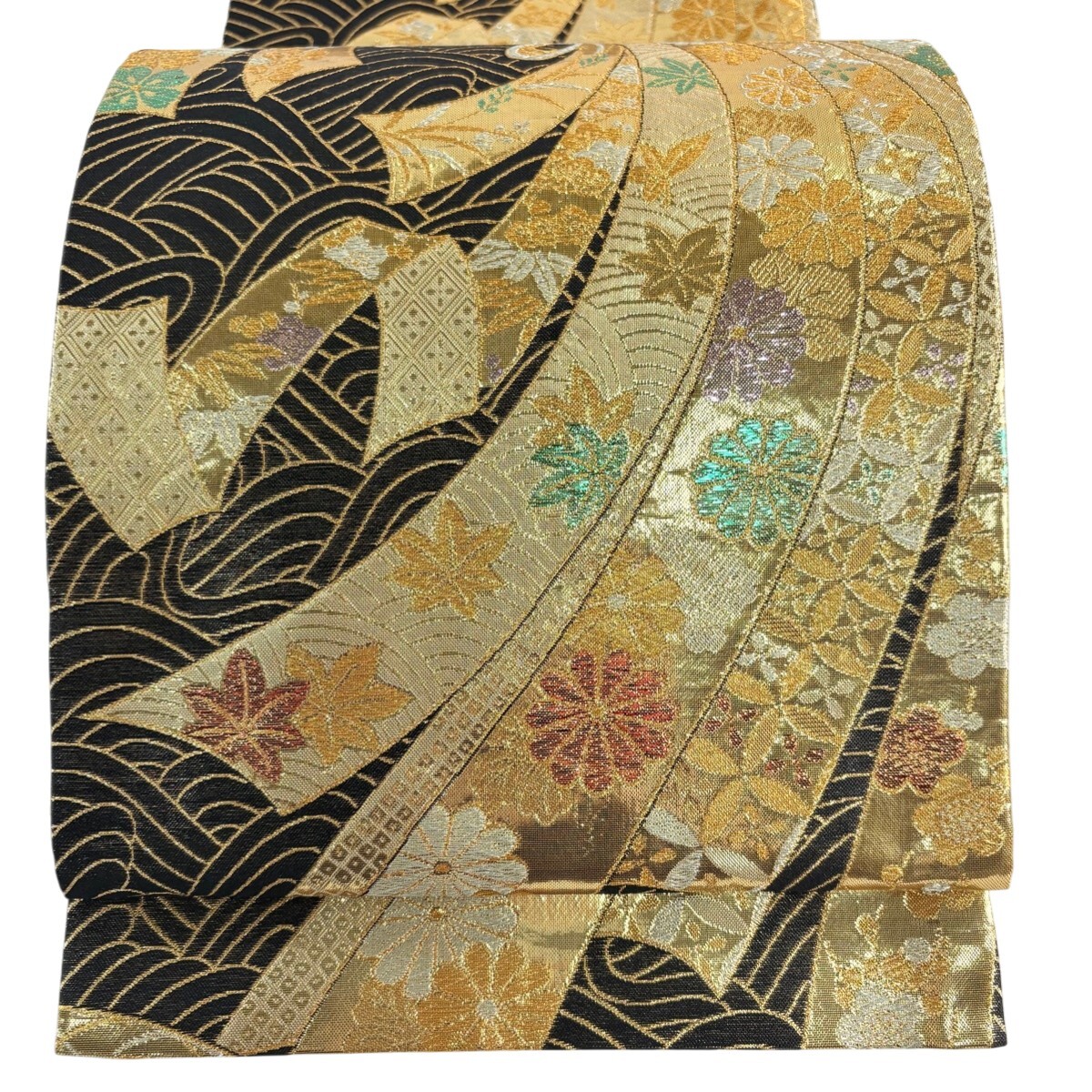 【美品】 袋帯 秀品 振袖向き 束ね熨斗 波 箔 金銀糸 金色 六通 正絹 【中古】