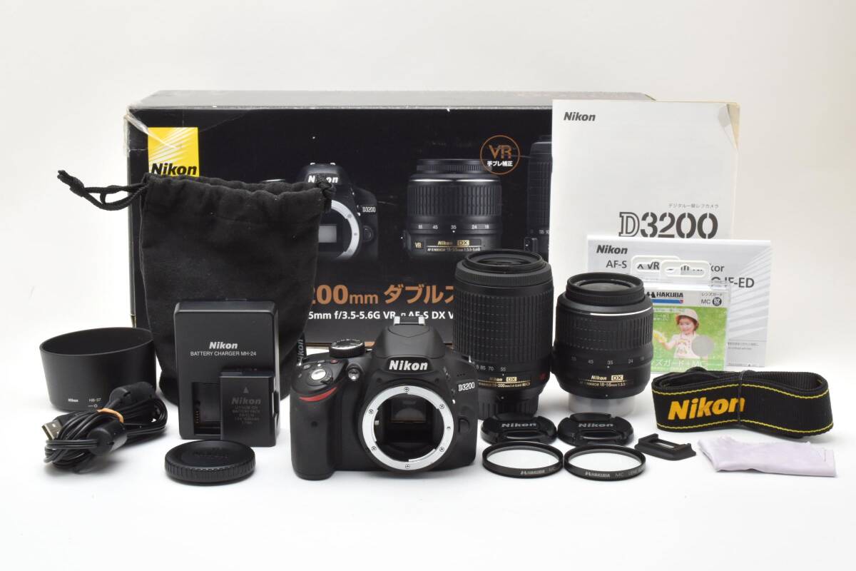 【ショット数225枚の美品】ニコン Nikon D3200 + 18-55mm/55-200mm ダブルズームキット【元箱付き・付属品多数】 ＃B3201C13040EGF