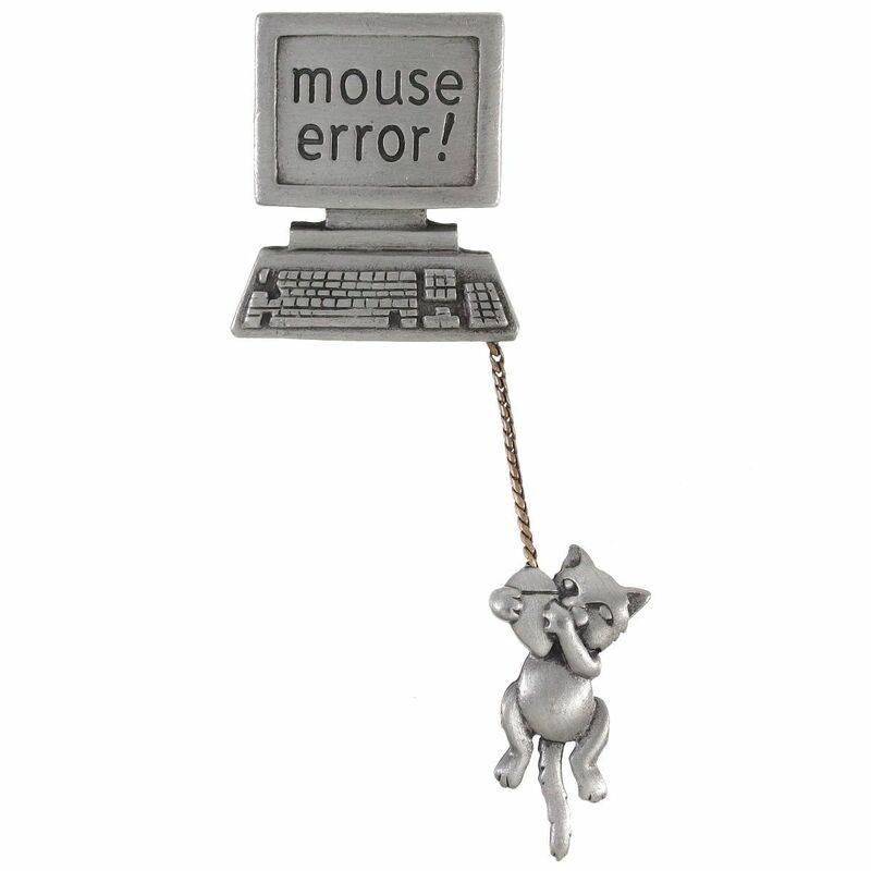 A6911◆【JJ】◆ mouse error! パソコンのマウスにぶら下がるネコ * キャットモチーフ ◆ ピューター製 ◆ ヴィンテージブローチ ◆ 