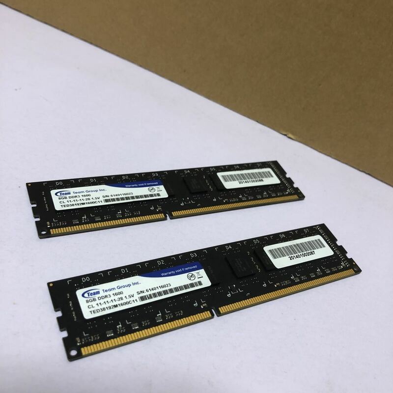 Team メモリ DDR3 PC3 1600MHz 8GBx2 枚セット(16GB）中古動作美品SHN035