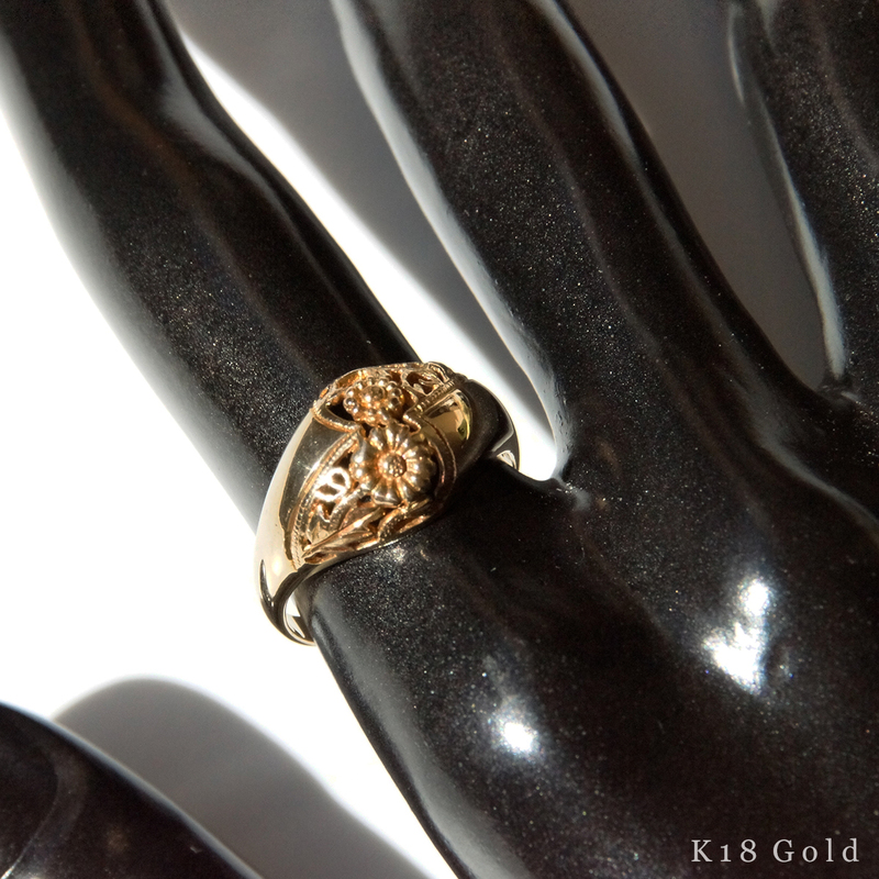 ほぼ 未使用 美品 K18 YG 透かし 花柄 フラワー デザイン リング 3.5g レディース 13号 イエロー ゴールド 指輪 アクセサリー 750 金