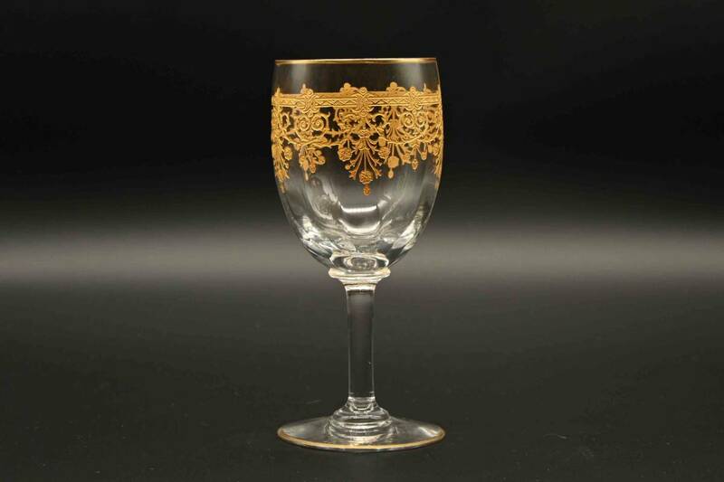 0274　ヨーロッパ アンティーク　ワイングラス　バカラ クリスタル　金彩ガーランド模様　1862-1936年　Baccarat