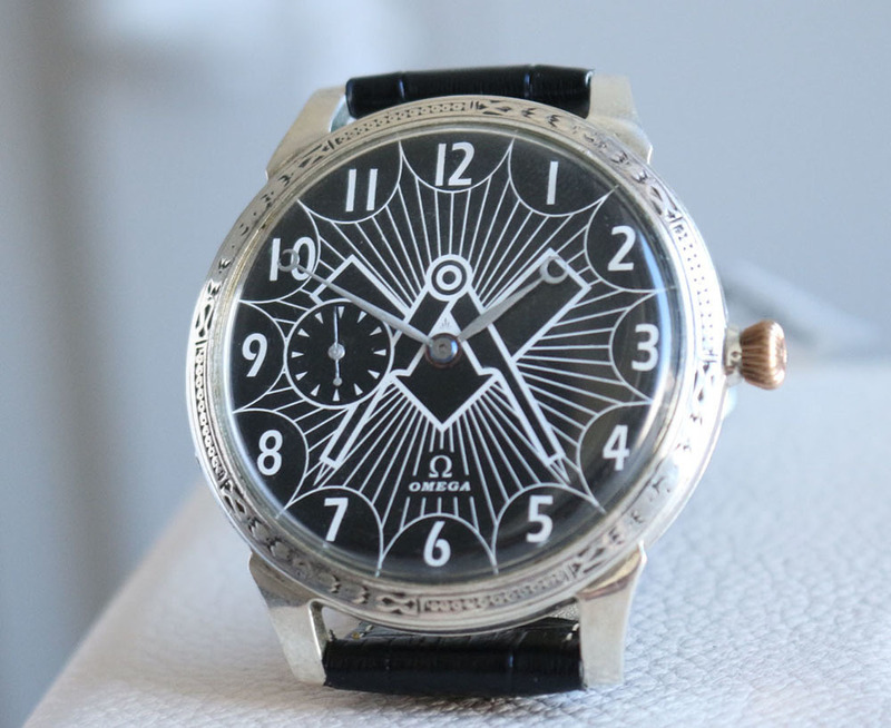  1932年 オメガ懐中時計ムーブメント使用カスタム腕時計 純銀ケース フリーメイソン文字盤