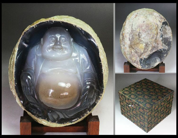 中国美術工芸品　天然石　瑪瑙　細密彫　布袋様　置物　化粧箱