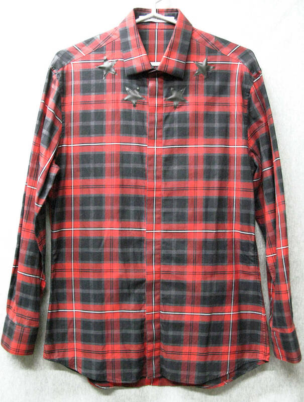 GIVENCHY ジバンシイ：星プリント チェック柄 比翼 長袖 シャツ 39 （ 本物 正規品 GIVENCHY Star Print Plaid Long Sleeve Shirt 39 RED