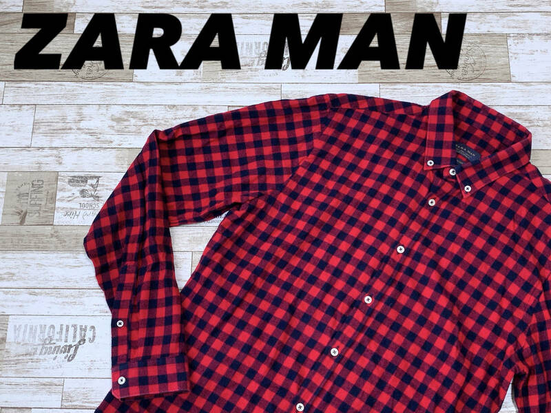 ☆送料無料☆ ZARA MAN ザラ メン 古着 長袖 チェック柄 ボタンダウン シャツ メンズ L レッド トップス 中古 即決