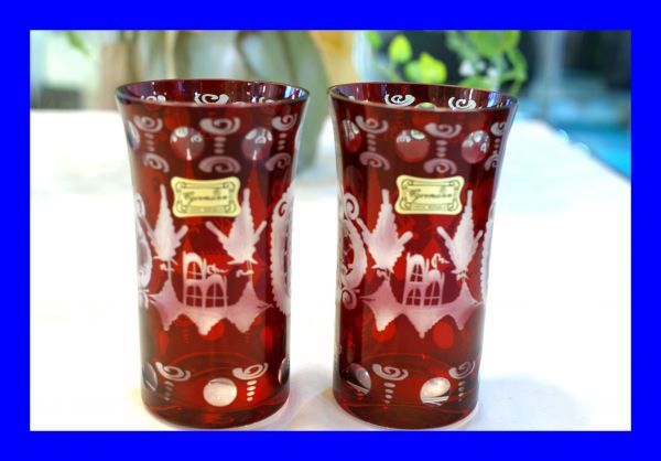 ○新品 ボヘミア ガラス Bohemia エーゲルマン Egermann ペアグラス タンブラー 切子 チェコスロバキア D1835