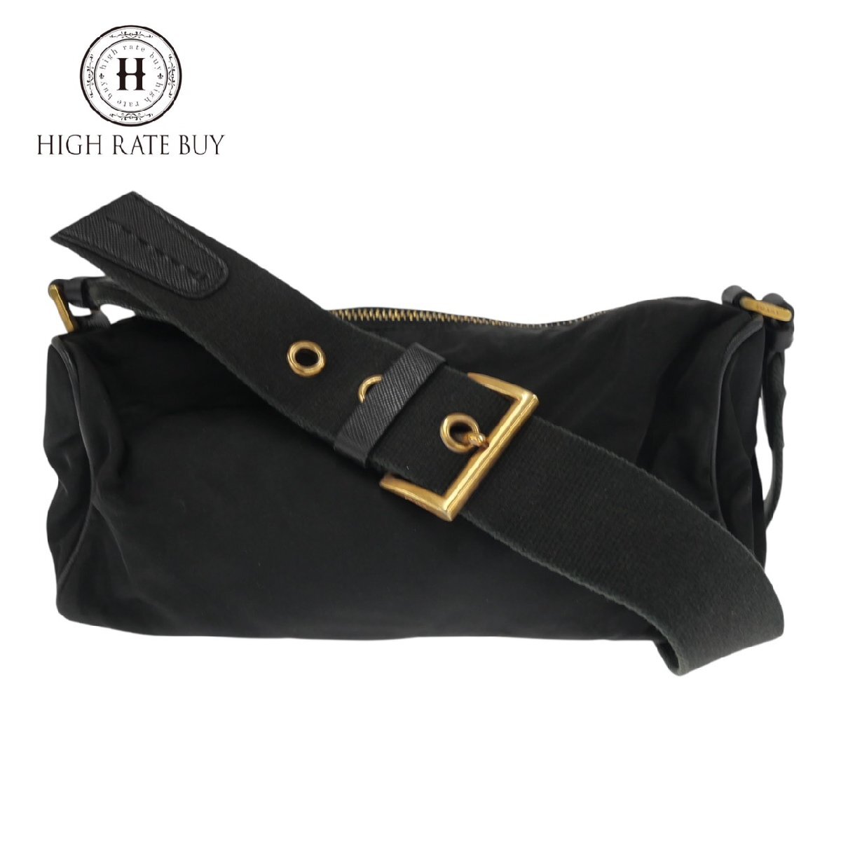 1円スタート PRADA プラダ ナイロン ショルダーバッグ 三角ロゴプレート ゴールド金具 斜め掛け クロスボディ ブラック ネロ レディース