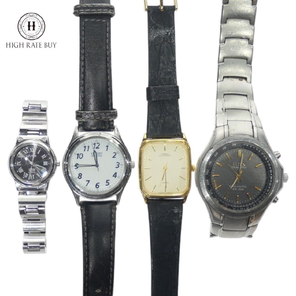 1円スタート 腕時計 4点セット CITIZEN シチズン ELGIN エルジン ウィッカ エコドライブ クォーツ ソーラー ラウンド スクエア 稼動品 含