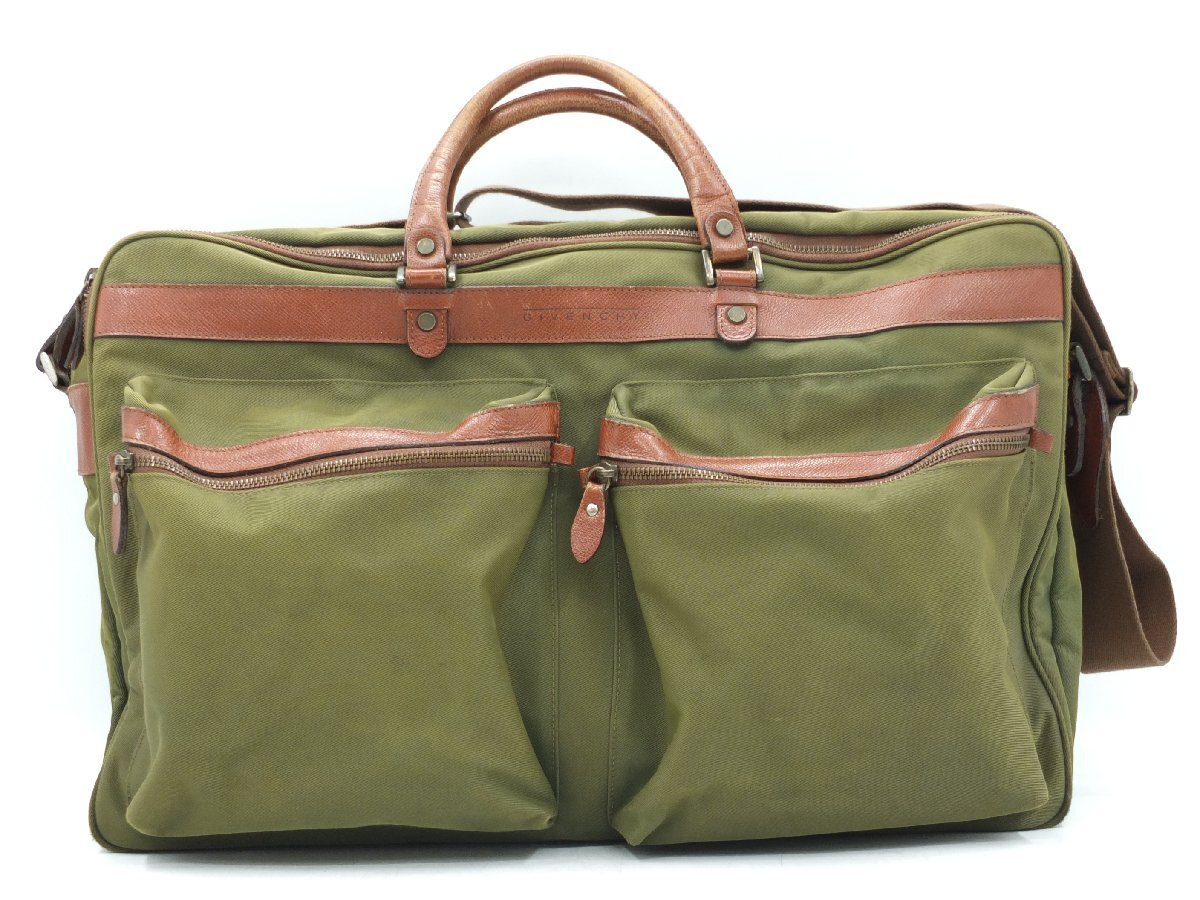 【z35414】GIVENCHY ジバンシィ ボストンバッグ ナイロン×レザー カーキ系 2WAY ショルダー付き 格安スタート