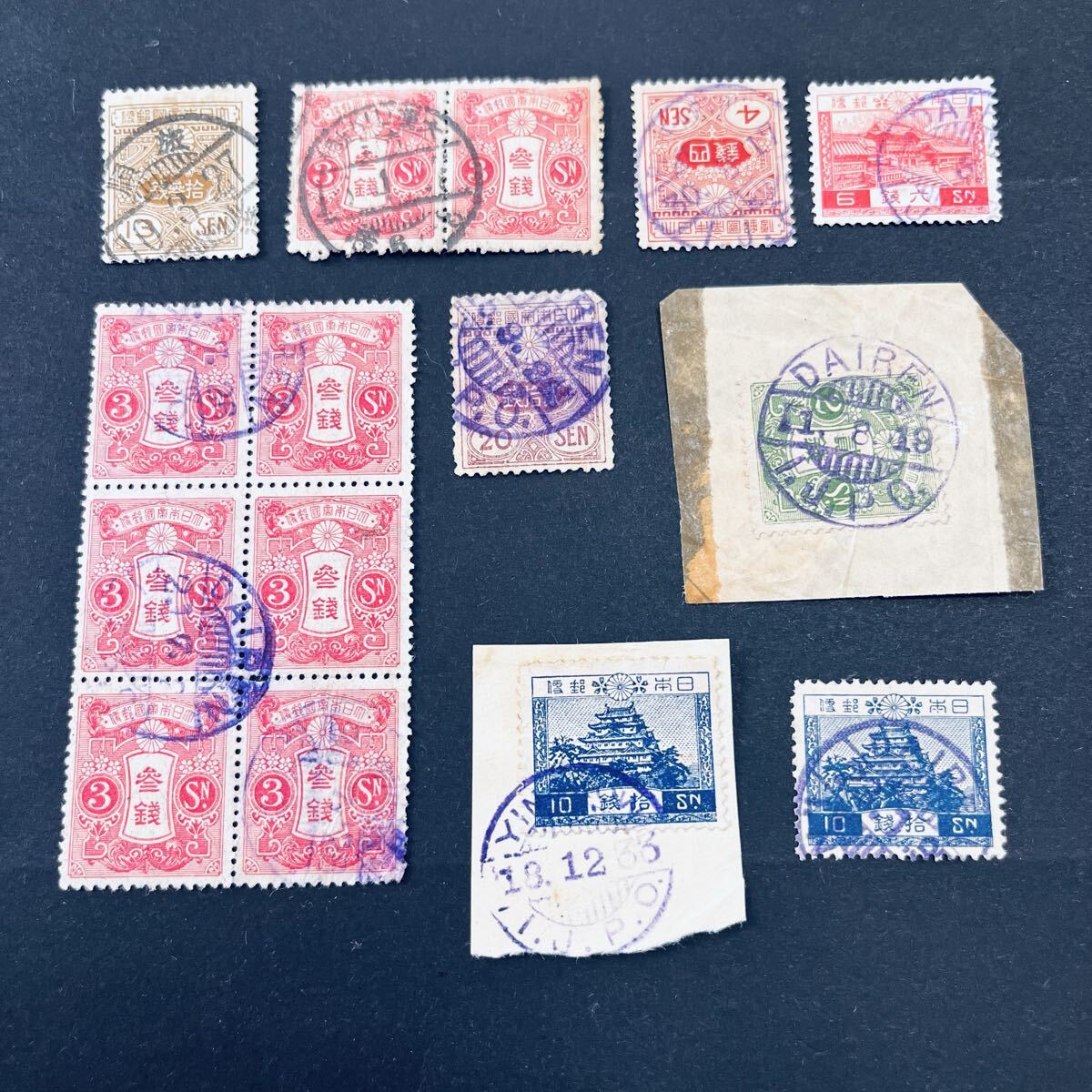 関東州 欧文印使用済ロット9点 YINGKOW 営口欧文印、大正白紙4銭 旅順欧文などいろいろ