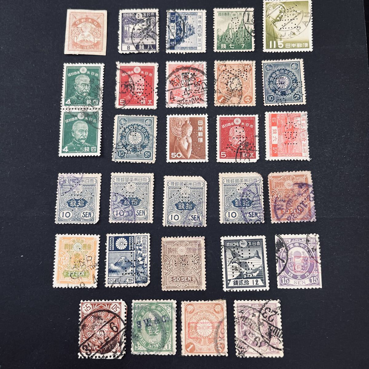 小判〜昭和切手 穿孔切手/押印切手ロット28点 小判1銭にSW&Co押印などいろいろ