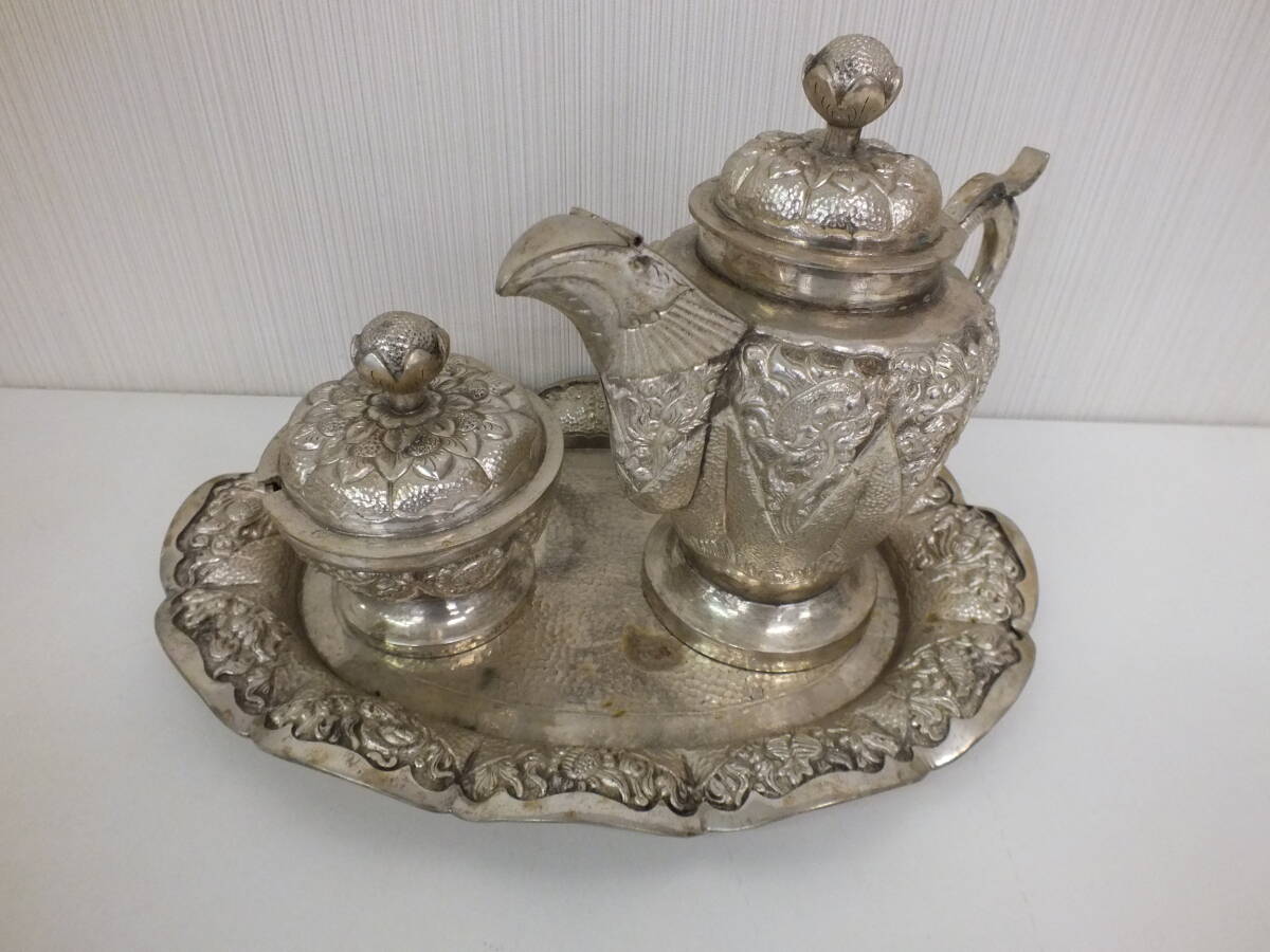 ニッケルシルバー 洋銀 茶器 ティーセット ポット インド アジア シュガーポットトレイ アンティーク レトロ 洋銀 激安1円スタート