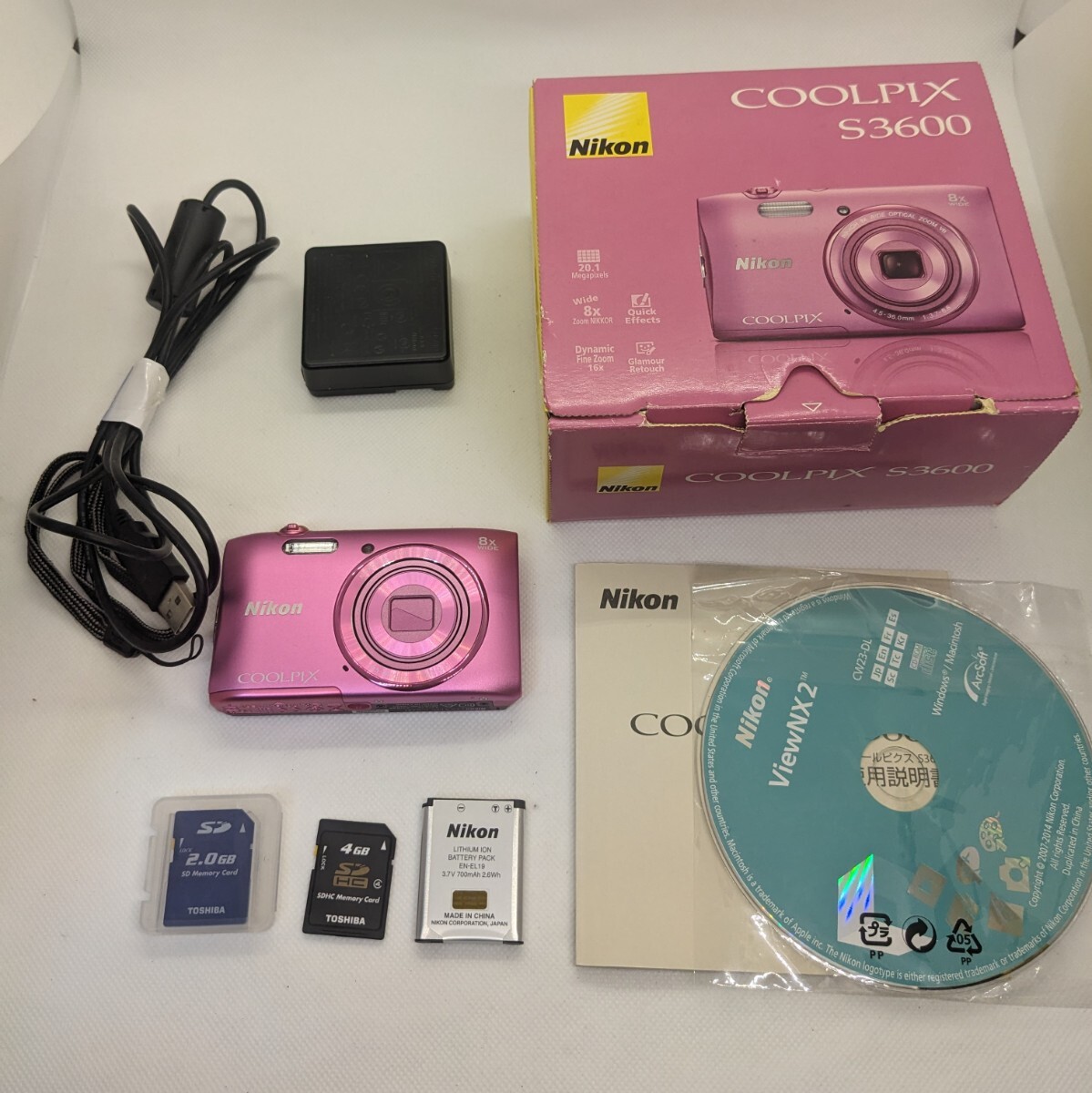 NIKON ニコン COOLPIX S3600 通電OK 動作未確認 ジャンク品 ピンク系 箱付 バッテリーあり SDカード 充電器【CVC-N07】
