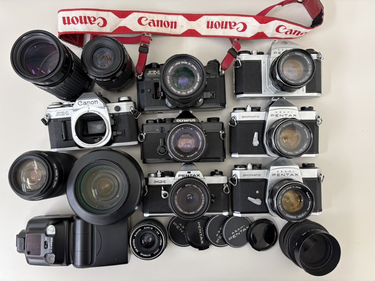 Canon OLYMPUS PENTAX ASAHI PENTAX AE-1Program AE-1 OM-1 MX SP SV フィルムカメラ レンズ ストロボ まとめて 動作未確認 ジャンク品