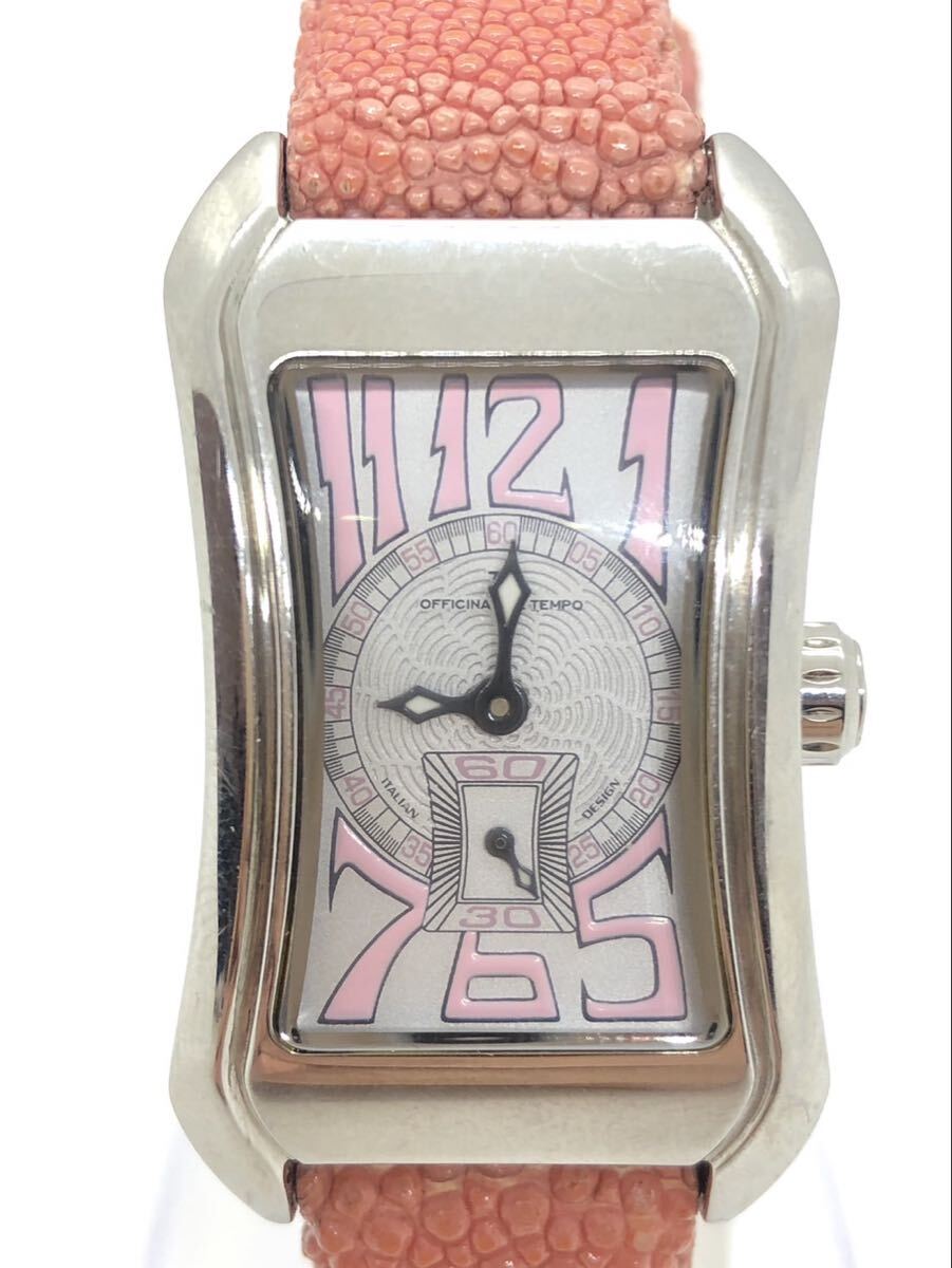 三176 Officina Del Tenpo オフィチーナ デル テンポ 330FT/100M クォーツ 腕時計 ピンク 文字盤 レザーベルト 不動 スモール セコンド (T)