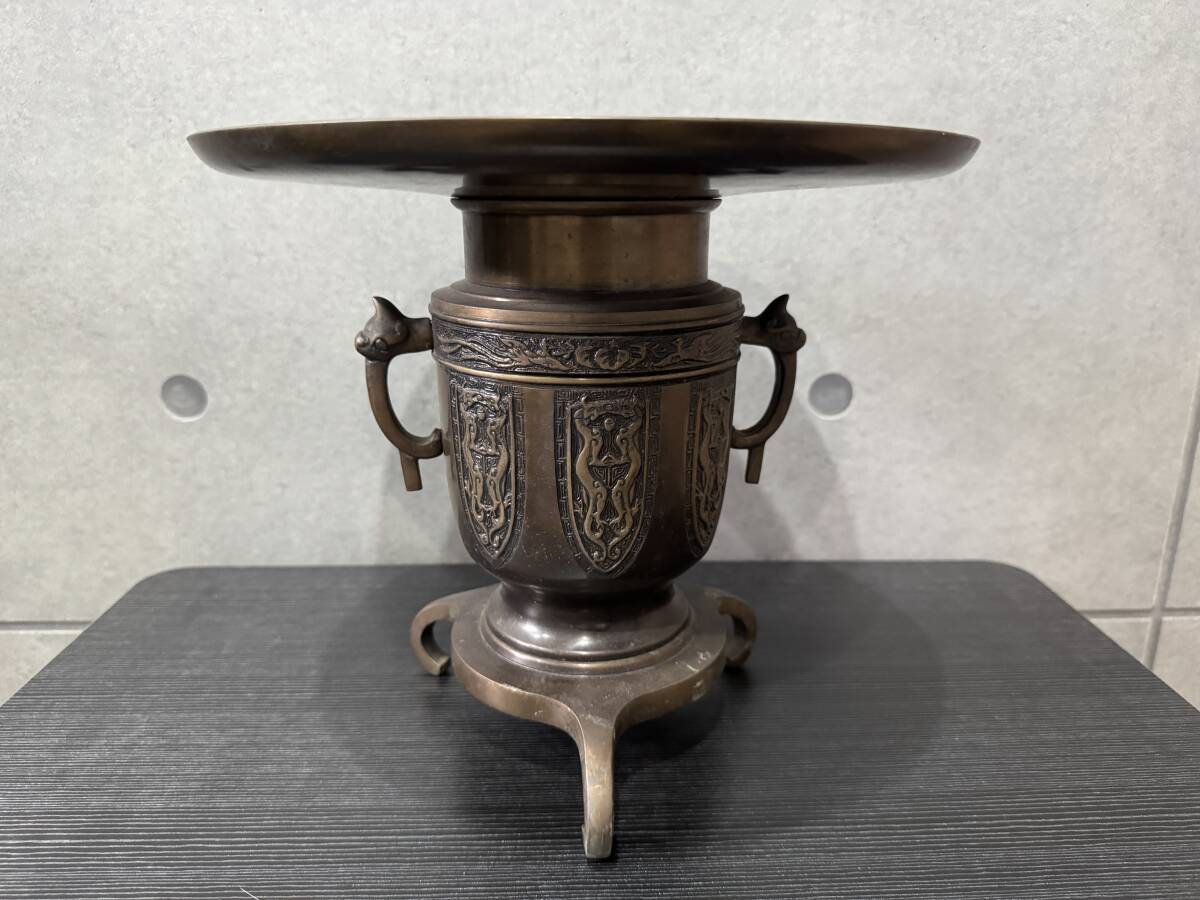 銅花器 薄端 三足 銅花器 池坊 茶道具 華道具 花器 飾り耳 三足 花入 金属工芸 骨董 中国美術 銅製 青銅製 香炉 置物 唐物 